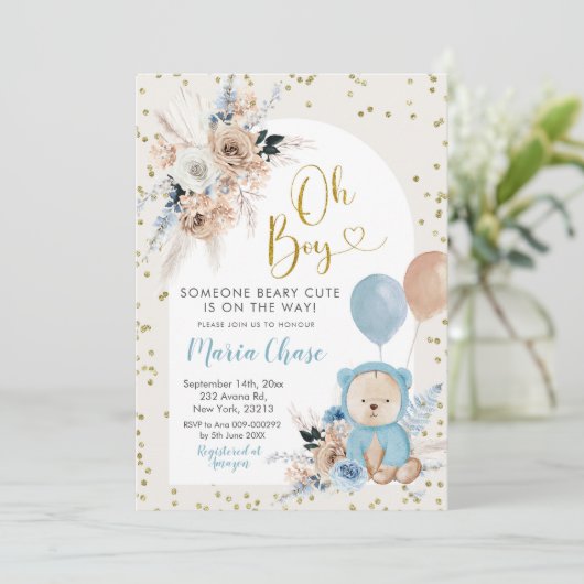 Blue Pampas Grass Boho Beer Boy Baby shower Invita Kaart (Staand voorkant)
