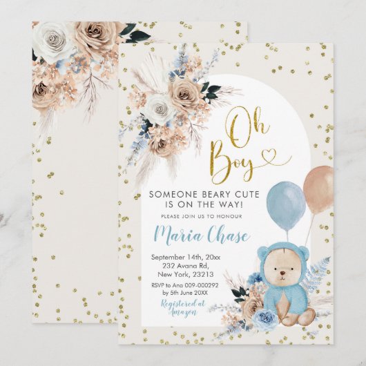 Blue Pampas Grass Boho Beer Boy Baby shower Invita Kaart (Voorkant / Achterkant)