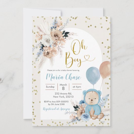 Blue Pampas Grass Boho Beer Boy Baby shower Kaart (Voorkant)