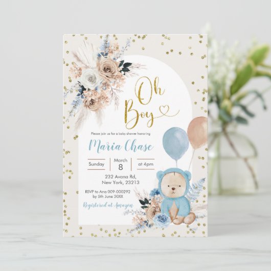 Blue Pampas Grass Boho Beer Boy Baby shower Kaart (Staand voorkant)
