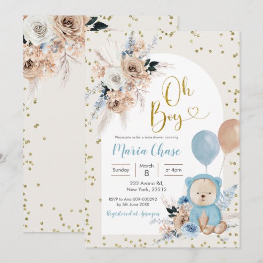 Blue Pampas Grass Boho Beer Boy Baby shower Kaart (Voorkant / Achterkant)