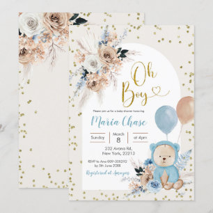 Blue Pampas Grass Boho Beer Boy Baby shower Kaart