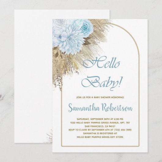 Blue Pampas Grass Boho Boy Baby shower Kaart (Voorkant / Achterkant)