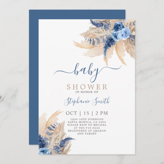 Blue Pampas Grass Boho Chic Baby shower Invitation Kaart (Voorkant / Achterkant)