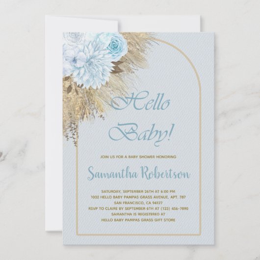Blue Pampas Grass Boho Floral Boy Baby shower Kaart (Voorkant)