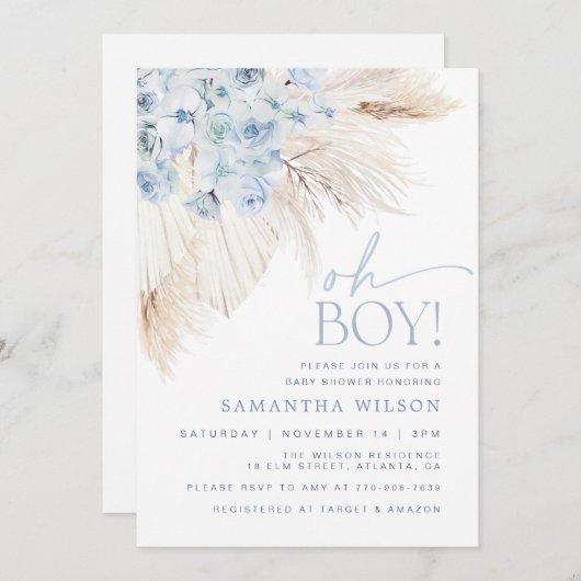 Blue Pampas Grass Boy Baby shower Kaart (Voorkant / Achterkant)