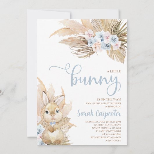Blue Pampas Grass Boy Bunny Baby shower Invitation Kaart (Voorkant)