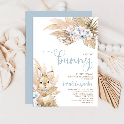 Blue Pampas Grass Boy Bunny Baby shower Invitation Kaart