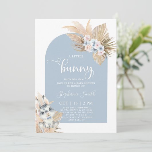 Blue Pampas Grass Boy Bunny Rabbit Baby shower Kaart (Staand voorkant)