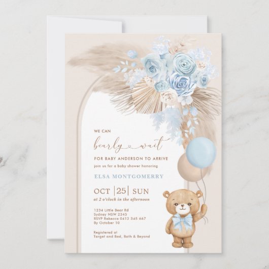 Blue Pampas Teddy Bear Balloon Boy Baby shower Kaart (Voorkant)