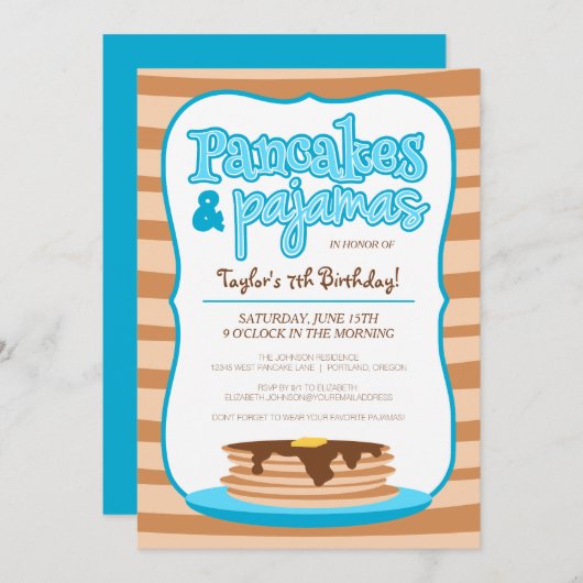 Blue Pancakes en Pajamas Birthday Invitation Kaart (Voorkant / Achterkant)