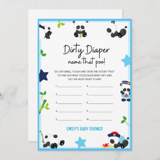 Blue Panda Baby shower Game Size-uitnodiging Kaart (Voorkant / Achterkant)