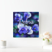 Blue Pansies Pansy Flower Floral Personalized Vierkante Klok (Huis)