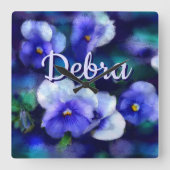 Blue Pansies Pansy Flower Floral Personalized Vierkante Klok (Voorkant)