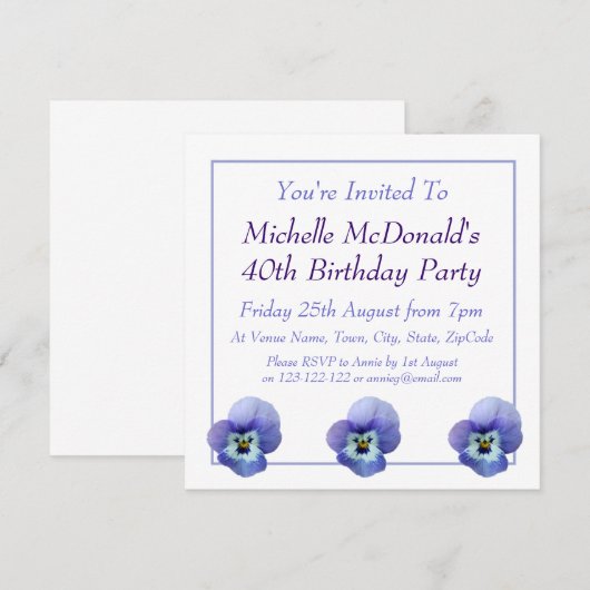 Blue Pansy Birthday Invitation Kaart (Voorkant / Achterkant)