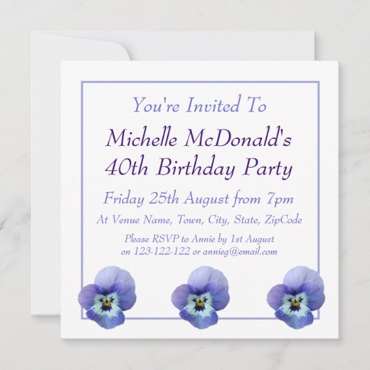 Blue Pansy Birthday Invitation Kaart (Voorkant)