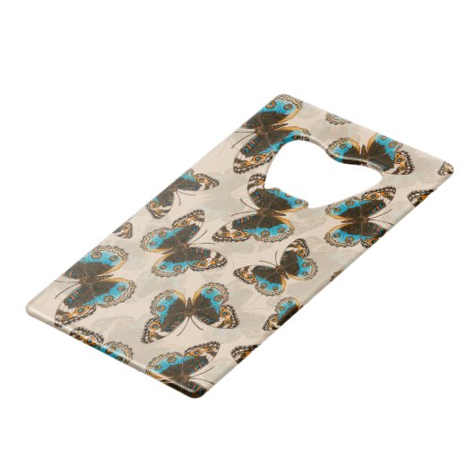 Blue Pansy Butterfly-patroon op wit Creditkaart Flessenopener (Voorkant Gekanteld)