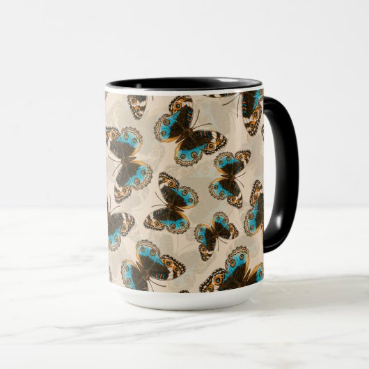 Blue Pansy Butterfly-patroon op wit Mok (Voorkant rechts)