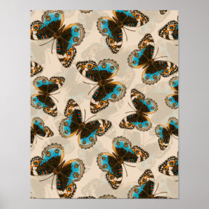 Blue Pansy Butterfly-patroon op wit Poster