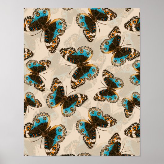 Blue Pansy Butterfly-patroon op wit Poster (Voorkant)