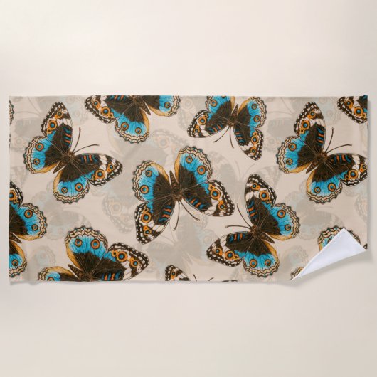 Blue Pansy Butterfly-patroon op wit Strandlaken (Voorkant)