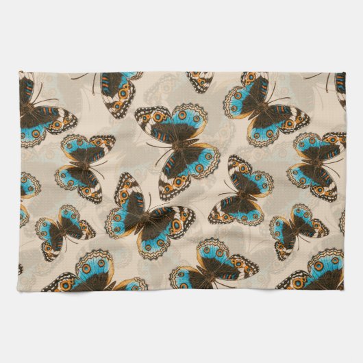 Blue Pansy Butterfly-patroon op wit Theedoek (Horizontaal)