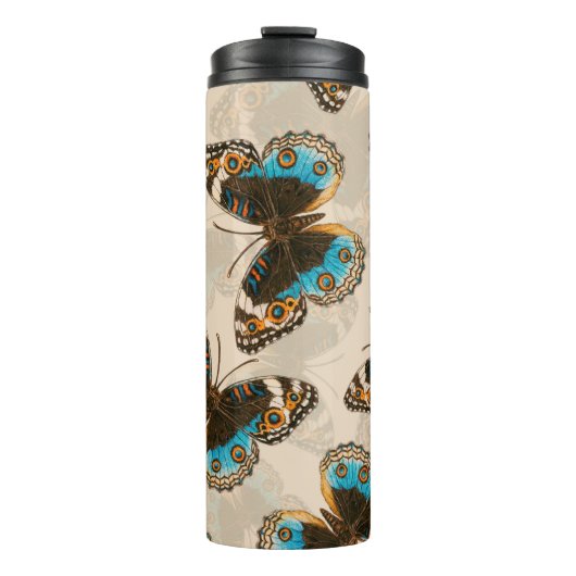 Blue Pansy Butterfly-patroon op wit Thermosbeker (Voorkant)