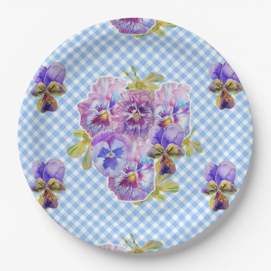 Blue Pansy check Flowers Pattern Paper Party Bord (Voorkant)
