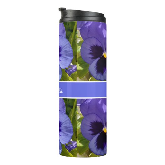 Blue Pansy Flower Floral Pattern Womans Name Thermosbeker (Geroteerd rechts)