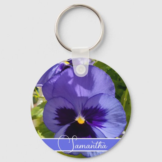 Blue Pansy Flower Floral Womans Name Key Ring Sleutelhanger (Voorkant)