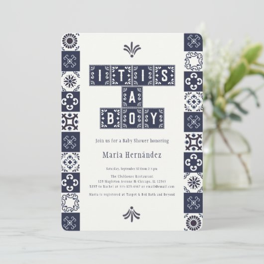 Blue Papel Picado Fiesta Het is een Boy Baby showe Kaart (Staand voorkant)