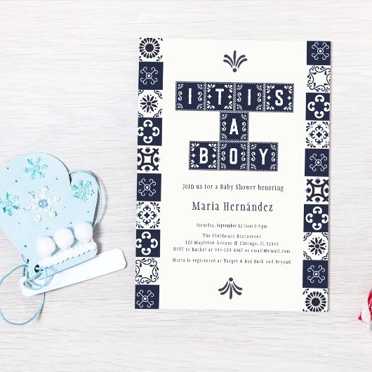 Blue Papel Picado Fiesta Het is een Boy Baby showe Kaart