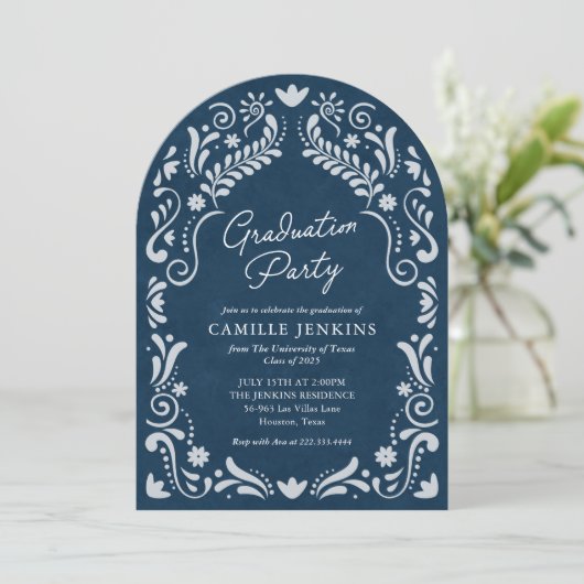 Blue Papel Picado Foto Afstuderen Kaart (Staand voorkant)