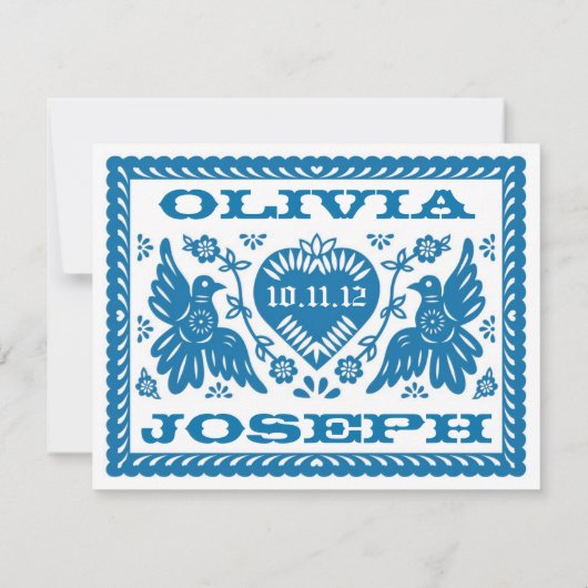 Blue Papel Picado Style Tortelduifjes RSVP (Achterkant)