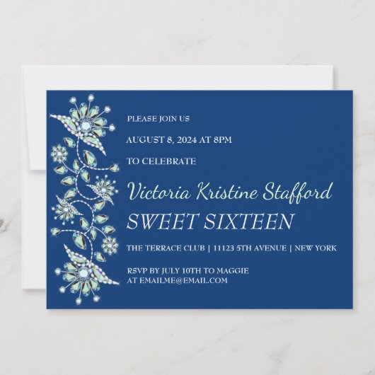 Blue Pareltjes Floral Party Invitation Kaart (Voorkant)