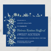 Blue Pareltjes Floral Party Invitation Kaart (Voorkant / Achterkant)