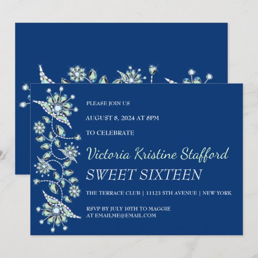 Blue Pareltjes Floral Party Invitation Kaart (Voorkant / Achterkant)