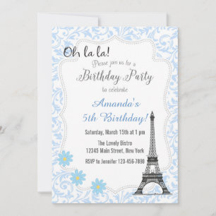 Blue Paris Romantic Birthday Invitation Kaart