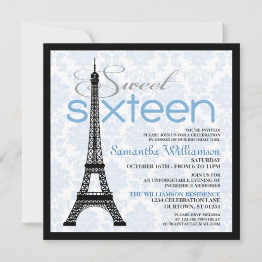 Blue Paris Sweet 16 Kaart (Voorkant)