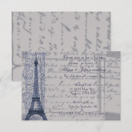 Blue Parisian Bridal Shower-uitnodiging Kaart (Voorkant / Achterkant)