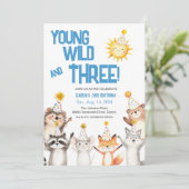 Blue Party Forest Animals Party Petten 3e verjaard Kaart (Staand voorkant)