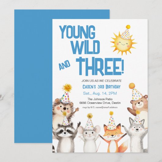 Blue Party Forest Animals Party Petten 3e verjaard Kaart (Voorkant / Achterkant)