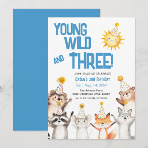 Blue Party Forest Animals Party Petten 3e verjaard Kaart