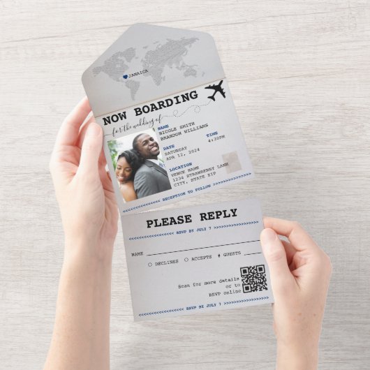 Blue Passport Jamaica Bestemming Bruiloft All In One Uitnodiging (Afscheurbaar)