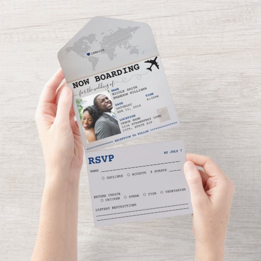 Blue Passport Jamaica Bestemming Bruiloft All In One Uitnodiging (Afscheurbaar)