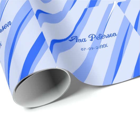 Blue pastel add name date boho retro lines pattern cadeaupapier (Rol Hoek)