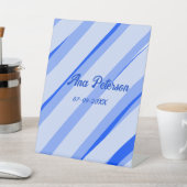 Blue pastel add name date boho retro lines pattern reclamebord met voetstuk (Insitu)