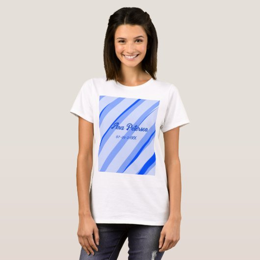 Blue pastel add name date boho retro lines pattern t-shirt (Voorkant volledig)