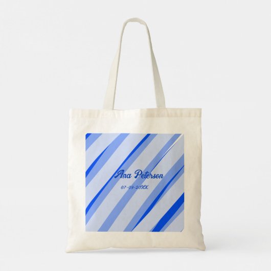 Blue pastel add name date boho retro lines pattern tote bag (Achterkant)