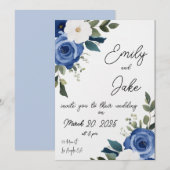 Blue Pastel Bloemen Huwelijksuitnodiging Kaart (Voorkant / Achterkant)